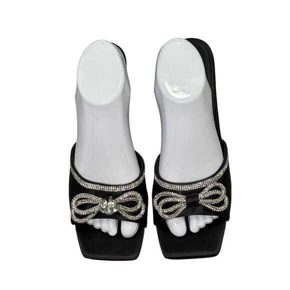 Black Satin Heels With Rhinestone Bow Embellishments & Open Square Toe Design - Picture 2 of 7